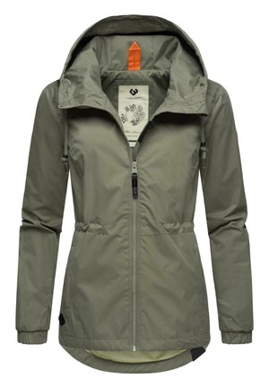 Olive green lightweight jacket with a front zipper, adjustable hood, elastic cuffs, and cinched waist. Features an orange accent on the hood.