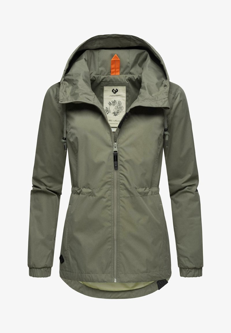 Olive green lightweight jacket with a front zipper, adjustable hood, elastic cuffs, and cinched waist. Features an orange accent on the hood.
