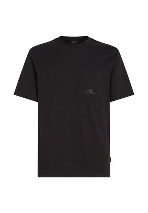 Black cotton t-shirt with short sleeves, round neckline, front pocket, and logo embroidery above the pocket in a contrasting color.