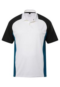 Polo avec un corps blanc, des manches courtes noires et des panneaux latéraux en teal. Doté d'une patte de boutonnage à deux boutons et d'un logo discret sur la poitrine.