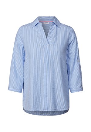 Striped blue and white blouse with a collared neckline, three-quarter sleeves, and a relaxed fit. Material appears lightweight and textured.