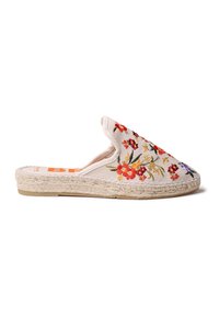 Pantofole espadrillas ricamate con upper in tessuto beige, caratterizzate da motivi floreali colorati, rifinitura in juta e suola piatta in gomma.