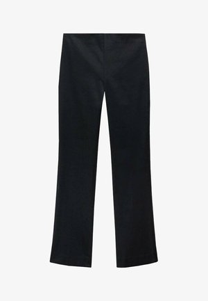 Črne hlače iz gladkega blaga s širokimi nogami, z ravnim pasom in brez vidnih žepov ali okrasnih elementov.