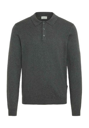 Mørkegrå langermet polo genser i myk strikket stoff, med krage og tre knappestolper. Enkel design med avslappet passform.