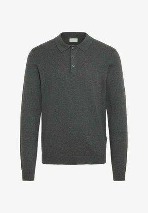 Tummanharmaa pitkähihaine polo-neule pehmeästä kotoisasta kankaasta, jossa on kaulus ja kolme nappia. Yksinkertainen muotoilu, rento istuvuus.