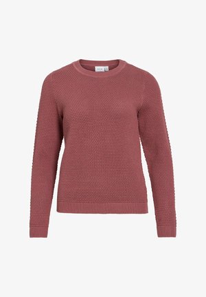 Pull tricot mauve à manches longues avec motif gaufré texturé et poignets, ourlet et encolure ronde côtelés.