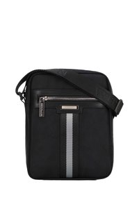 Borsa a tracolla nera in tessuto con superficie testurizzata, dotata di una zip argentata, strisce grigie e una tracolla regolabile con dettagli del marchio.