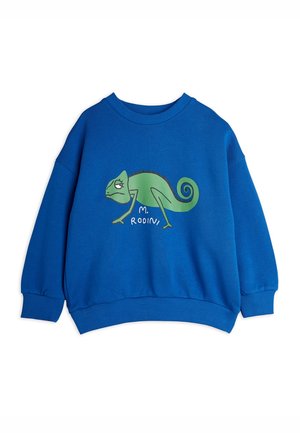 Sudadera azul de algodón con mangas largas, puños y dobladillo acanalados. Presenta un gráfico de un camaleón verde y el texto "M. Rodini" en el frente.