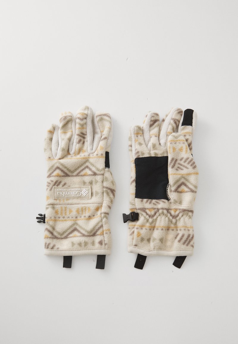 Gants en polaire avec un motif géométrique en crème, marron et jaune ; incluent un panneau d'accent noir et des sangles au poignet ajustables.