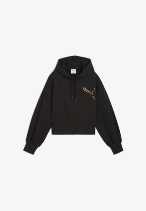 Sort cropped hoodie i blødt stof, med et leopardprint Puma-logo på brystet, snorhætte og ballonærmer.