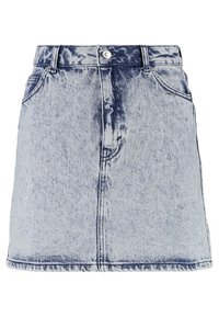 Světlé modré acid-wash džínové mini sukně s předními knoflíky, poutky na opasek, dvěma předními kapsami a viditelnými švy.