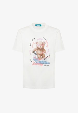 White t-shirt with a surfing teddy bear graphic, surrounded by varying "Barrow" text in pink and black, and a blue wave design beneath.