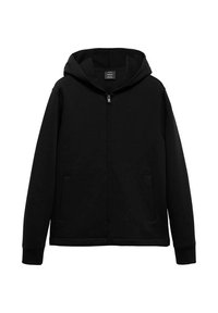 Sudadera con cremallera negra hecha de una tela suave, que presenta una capucha con cordón, bolsillos frontales y un dobladillo acanalado. Textura suave con un diseño minimalista.