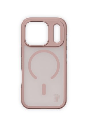 Cover protettiva per telefono in rosa tenue con retro trasparente e indicatore circolare di ricarica wireless, progettata per doppia fotocamera e ritagli per flash.