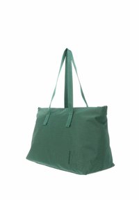 Sac fourre-tout vert en tissu texturé, avec de longues anses et une fermeture éclair. Design simple sans ornements supplémentaires.