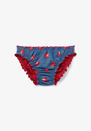 Bikini dolny w niebieskim odcieniu przypominającym dżins, zdobiony czerwonymi falbankami i printem truskawek. Elastyczny pas z marszczeniem.