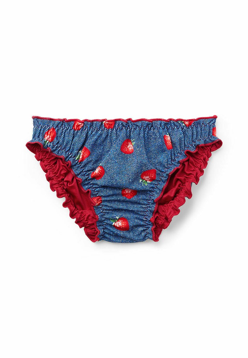 Blå denimliknande bikiniunderdel med röda volanger, prydd med jordgubbstryck. Elastisk midja med veckdetalj.