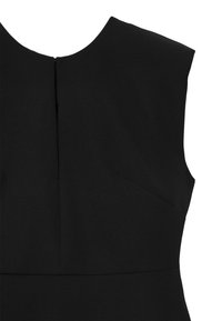 Abito nero con scollatura arrotondata e maniche corte a sbuffo. Il tessuto liscio e opaco presenta dettagli con cuciture verticali sottili sul corpetto.