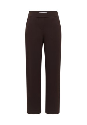Pantaloni marroni elasticizzati con una texture liscia, design a gamba dritta e vita a media altezza. Presentano un piccolo logo di lato.