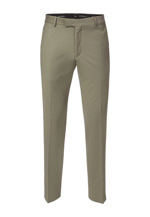 Pantaloni eleganti uomo beige slim fit con passanti per cintura e chiusura frontale con zip.