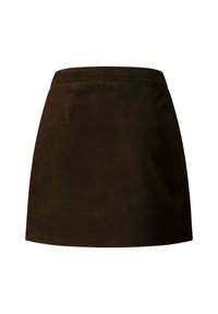 Ciemnobrązowa zamszowa mini spódnica o prostym kroju z subtelnymi przeszyciami wokół pasa i dołu.