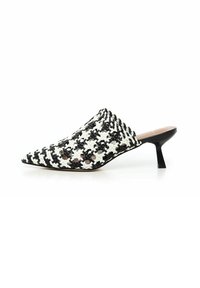 Pointed-toe mule shoe in a black and white woven pattern. Small block heel and open back. Material appears lightweight with texture details.