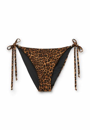 Bikiniunderdel med lav talje i brun og sort leopardprint, sidestropper med perler og sort inderfor.