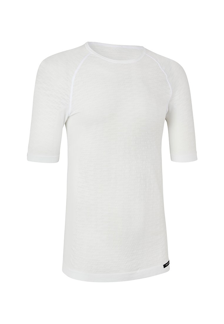 Weißes T-Shirt mit kurzen Ärmeln aus strukturierter Stoffqualität, Rundhalsausschnitt und Kontrastnähten. Verfügt über ein kleines Markenlabel am unteren Rand.