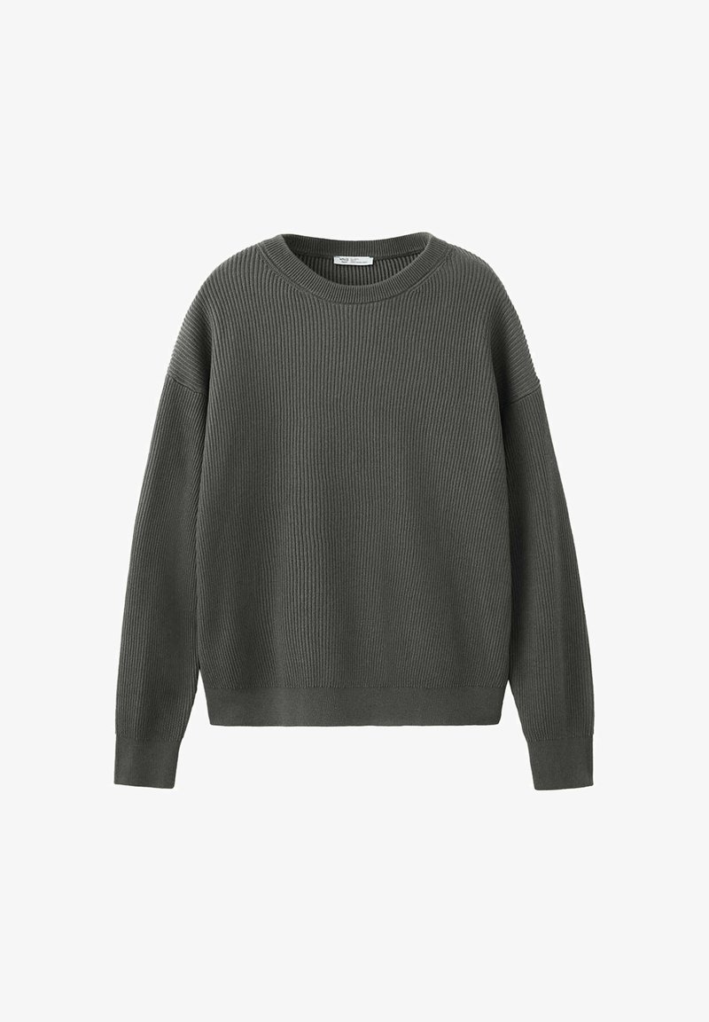Pull en tricot côtelé gris foncé avec manches longues et col rond présenté sur fond blanc.