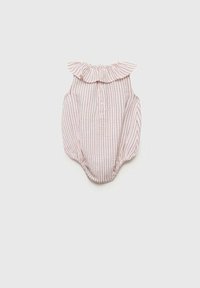 Prugasta otroška bodysuit iz mehkega materiala, ki ima naborkan ovratnik, kratke rokave in zapiranje na dnu s pritisnimi gumbi. Prevladujejo roza odtenki.