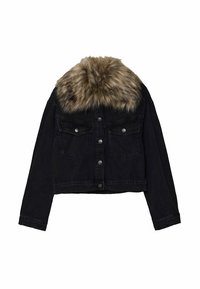 Black denim jacket with a faux fur collar, two front pockets, button closures, and cropped design. Textured fabric with visible stitching.