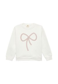 Hvid sweatshirt med et lyserødt broderet sløjfedesign, bølgede kanter, rund halsudskæring og lange ærmer. Blødt, tekstureret stof.