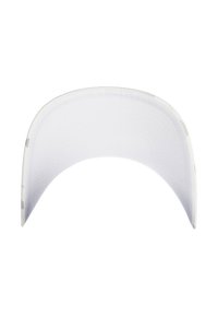 Casquette blanche à visière courbée avec une texture lisse, présentant une couture discrète le long des bords et une forme ronde classique, adaptée à un usage décontracté.