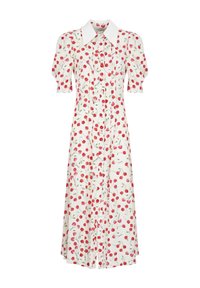 Abito midi bianco con maniche a sbuffo corte, stampa di ciliegie rosse e chiusura con bottoni. Presenta un colletto classico e pieghe delicate per dare texture.