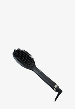 Zwarte elektrische haarstijlborstel met aan / uit-knop op de handgreep en een snoer dat aan de basis is bevestigd.