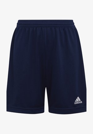 Pantalones cortos deportivos de color azul marino hechos de tela sintética, con cintura elástica y bolsillos con costura lateral. Presenta un pequeño logo blanco de Adidas.