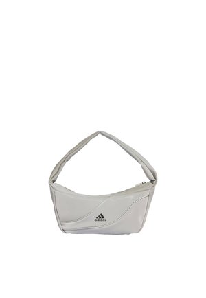 Lysegrå Adidas skuldertaske med buede syninger og et enkelt lynlåslomme, der viser Adidas-logoet foran.