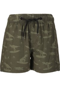 Grüne Schwimmshorts mit einem Muster von surftenden Dinosauriern. Mit einem schwarzen Kordelzug zur Anpassung und aus einem glatten, leichten Stoff.