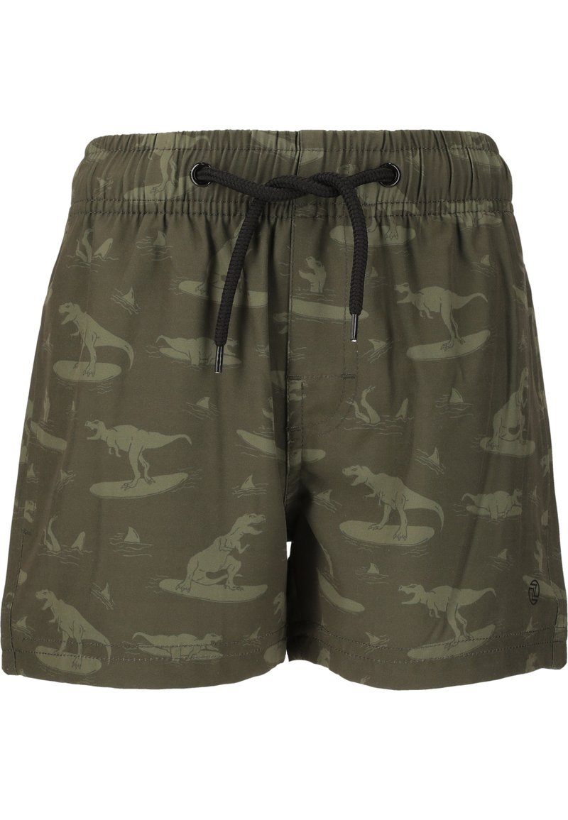 Grüne Schwimmshorts mit einem Muster von surftenden Dinosauriern. Mit einem schwarzen Kordelzug zur Anpassung und aus einem glatten, leichten Stoff.