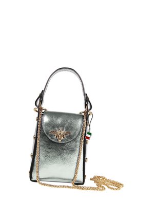 Small metallic silver handbag with a bee emblem on the flap, gold chain strap, and an Italian flag charm attached to the handle.