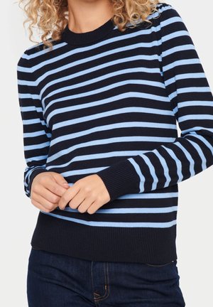 Persoon die een marineblauw en lichtblauw horizontaal gestreepte trui met lange mouwen en een donkere spijkerbroek draagt, handen samengevouwen ter hoogte van de taille.