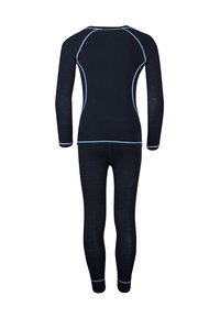 Navy thermal base layer set featuring long-sleeve top and leggings with light blue stitching accents. Smooth texture and fitted design.