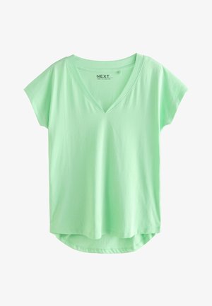 Lysegrøn kortærmet T-shirt med dyb V-hals, buet kant og blødt bomuldsmateriale. Etiketten viser "NEXT" indeni.