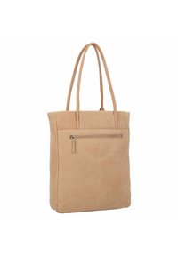Bolso tote de cuero marrón con dos asas largas, bolsillo vertical con cremallera en la parte delantera, textura suave y forma rectangular estructurada.