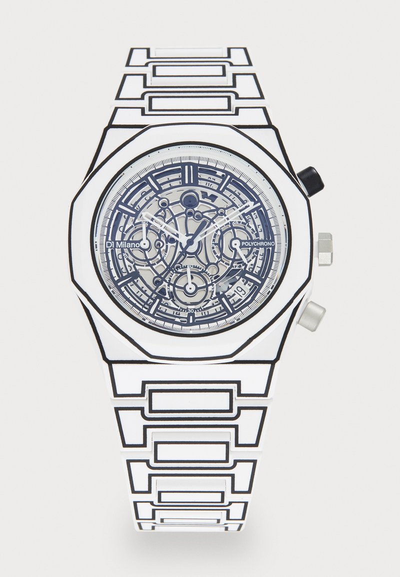 White octagonal watch with a transparent mechanical dial. Features a patterned strap with rectangular links and contrasting black details.