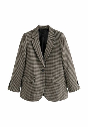 Blazer à un bouton avec motif pied-de-poule noir et blanc, revers à encoche, deux poches à rabat sur le devant et doublure intérieure noire.