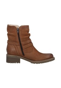 Botines de piel marrón con un diseño holgado, cremallera lateral, superficie texturizada y un tacón grueso y con relieve. Presenta dos correas horizontales.