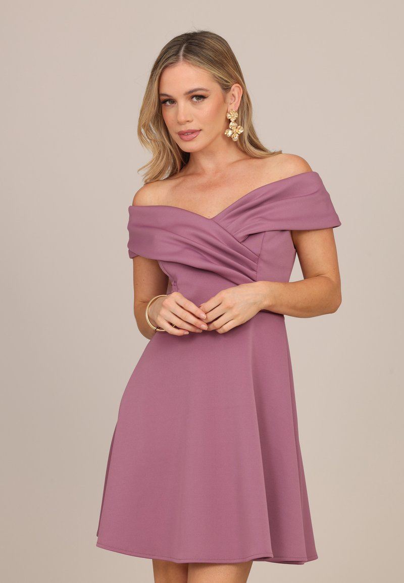 petite purple cocktail dresses WAL G AMBER OFF SHOULDER SKATER - dress / Party dress camel colored dress Color:Garden Flora Jacquard Pink short purple cocktail dress Satin Dress Cream Bridesmaid