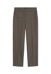 Pantalones de cuadros grises con un ajuste entallado, que cuentan con bolsillos laterales y una textura suave. La tela presenta un sutil patrón de cuadros.