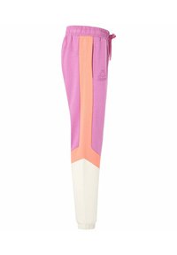 Pantalons de jogging roses avec des bandes latérales orange et un ourlet inférieur blanc. Équipés d'une taille élastique et du logo Kappa. Tissu doux et léger.